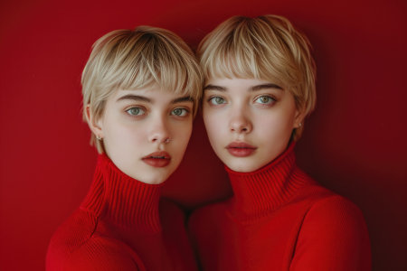 African-American twin sisters. Twins on red background in red turtlenecks.の素材