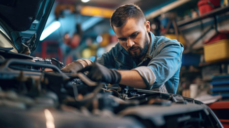 Portrait of mechanic checking parts of automobile.の素材