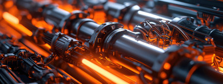 Close-up of shiny pipes with wires with orange lighting.の素材