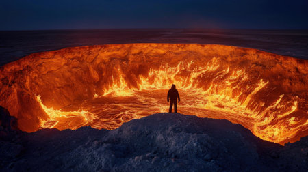 Staring into the flaming gas crater known as the Door to Hell In Darvaza, Turkmenistan.の素材