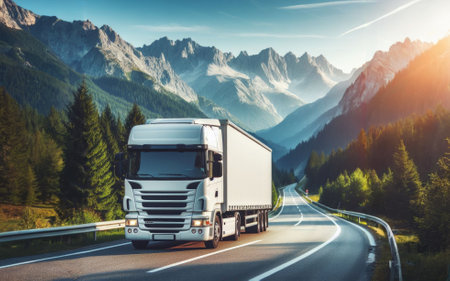 Truck on the road in the mountains. Transportation and logistics concept.の素材