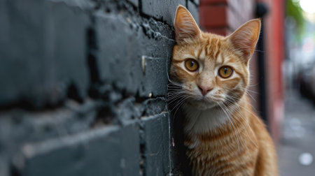 A funny cat peeks out from behind an old wall. Portrait of a wild cat. Homeless cats on the street.の素材