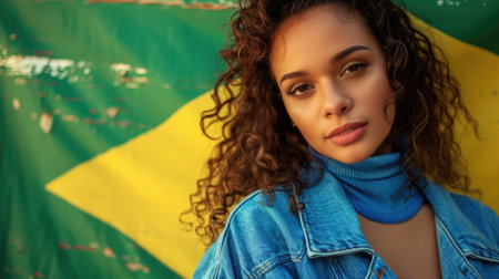 Young brazilian woman with brazil flag on background.の素材