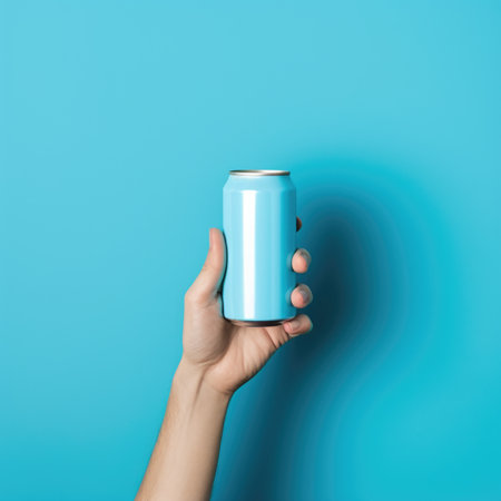 Man holding aluminum can with water droplets on cyan background.の素材
