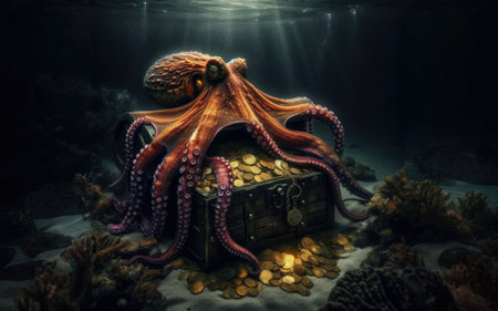 Octopus at the bottom of the sea guards a treasure chest, gold coins.の素材