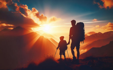 Silhouette of father and son hiking in mountains at sunset.の素材