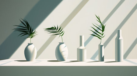 3d render of vases with green plants on white wall.の素材