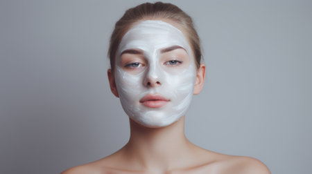 Beautiful young woman with white cosmetic mask on her face, on grey backgroundの素材