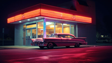 Vintage american car in front of a gas station at nightの素材
