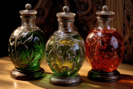 Three vintage bottles with colored glass on a wooden table. Dark background.の素材