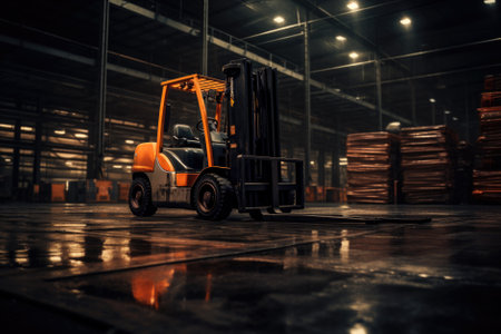 Forklift loader in warehouse. Industrial background. Selective focusの素材
