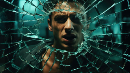 Man behind wet and cracked glass. Concepts of mental disorder or other social issues affecting human personality.の素材
