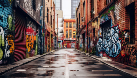 Narrow street in the city, full of colorful painted murals and graffiti.の素材