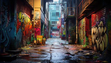 Narrow street in the city, full of colorful painted murals and graffiti.の素材