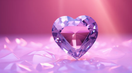 Purple heart shaped diamond, on violet background.の素材