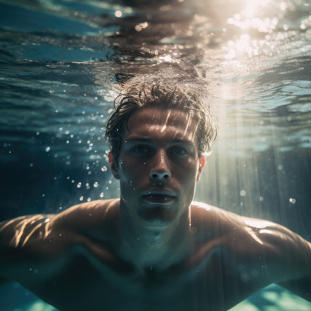 Underwater portrait of young man swimming underwater in the pool with sunlightの素材
