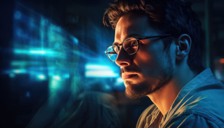 Close up of Handsome Businessman wearing glasses looking at pc screen using a desktop computer working at night in the office. Business Graph and chart reflection in his eyeglasses. Overworked Conceptの素材