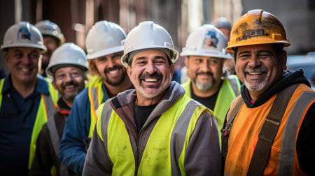 group of smiling builders in hardhats outdoors.の素材