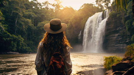 Young happy woman in tourist camp enjoying fresh water waterfall traveling rainforest. Nature day tour, hiking activity adventure and fun on family summer vacation.の素材