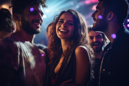 Dance, night and disco with woman at party for club, celebration and energy. Concert, music and rave with girl dancing in crowd for new year, freedom and entertainment at dj festival event.の素材