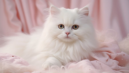 White persian cat with blue eyes on a pink background, close-upの素材