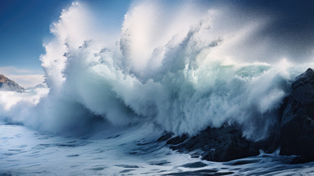 Big wave breaking on a rocky shore. 3D Rendering.の素材