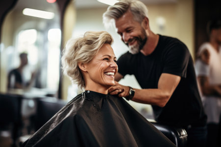 Young female hairdresser fixing hair of gorgeous smiling woman with hairspray. Hairdress and beauty concept.の素材