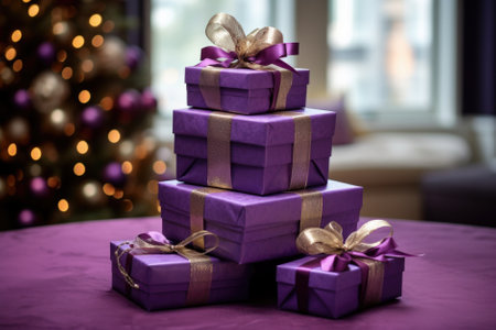 Purple gift boxes with ribbons on the background of the Christmas treeの素材