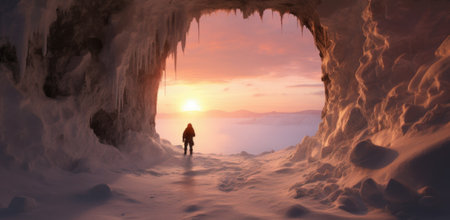 3d render of winter landscape with ice cave and man at sunsetの素材