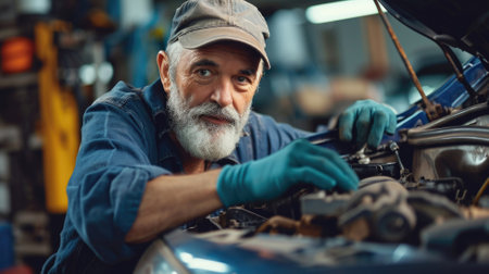 Portrait of mechanic checking parts of automobile.の素材