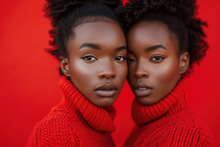 Two afro girls fun together, friendship, sisters on red background.の素材