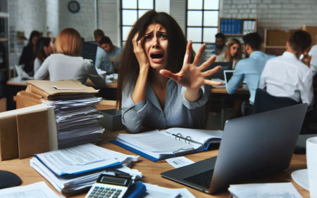 Tired business woman stressed and bored from sitting at a desk for a long time and has office syndrome.の素材