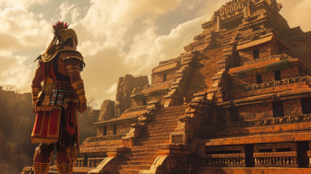 Aztec priest in ritual suit near Aztec Tower Temple.の素材