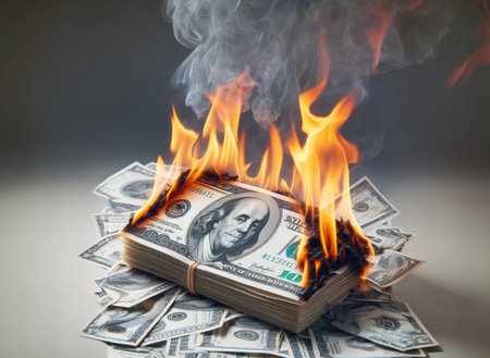 Burning money on a dark background. Concept of financial crisis.の素材