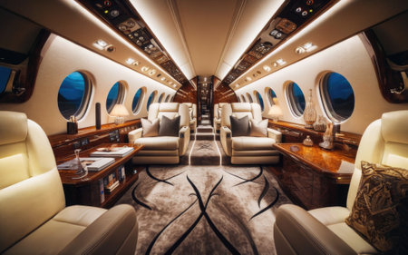 Interior of a private jet with seats and armchairs. 3d renderingの素材
