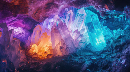 Many color gem glass stalagmite formations inside cave.の素材