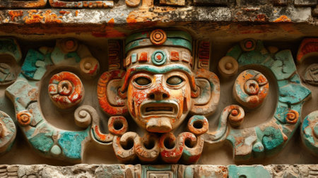 Ancient mayan mask on the wall of a temple in Baliの素材