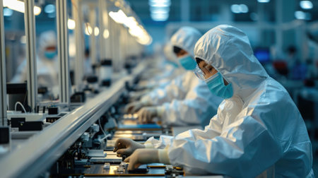 Operator in white clean suit, a cap and a mask at an electronic assembly line soldering copper wire to a circuit board with solder iron and smoke.の素材