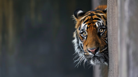 Male tiger peeks from behind a wall.の素材
