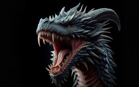 Portrait of a dragon with the mouth open against a black background.の素材