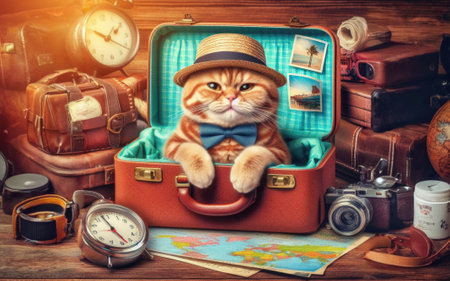 Funny cat going on vacation sitting in suitcase with clothes.の素材