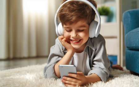 Happy smile Preteen boy kid using a smartphone and headphones for online learning, app social media, or playing a game.の素材