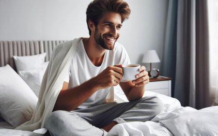 Happy positive handsome middle aged man in pajamas sitting on bed at home, holding mug, drinking coffee in the mornin and smiling.の素材