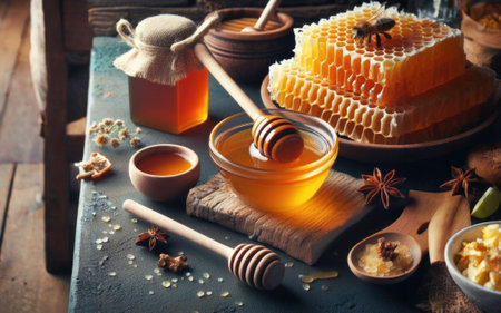 Assortment of honey products: honeycombs, nuts in honey, beeswax in table. Healthy organic honey dipping in jar, closeup. Honey pouring in glass bowl.の素材
