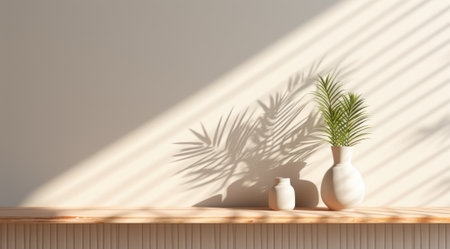 3d render of vase with palm leaf shadow on white wallの素材