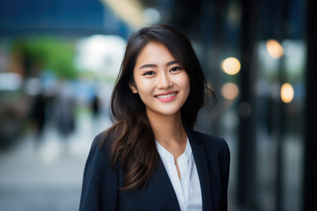 Young asian woman, professional entrepreneur standing in office clothing, smiling and looking confident.の素材