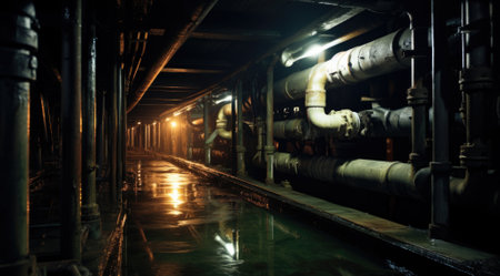 Pipes, tubes and steam turbine in a boiler room at nightの素材