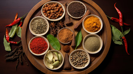 Colorful herbs and spices for cooking: turmeric, dill, paprika, cinnamon, saffron, basil and rosemary. Indian spices in wooden plate.の素材