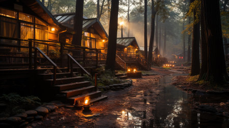 Wooden house in the forest in the morning with a small streamの素材