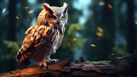 An Eurasian Eagle Owl staring at something out of shot in a woodland setting.の素材